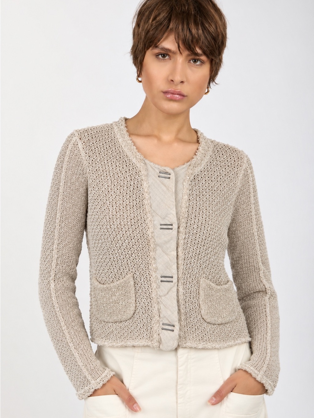 Transit Par-Such Open Knit Linen Cardigan Beige Italian Size 2 Small